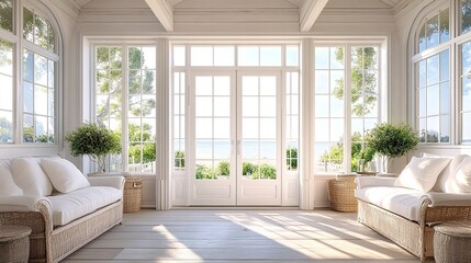 Fototapeta premium Elegant Hamptons-style entrance with white French doors on a coastal veranda natural wood accents soft summer light cottage luxury. 