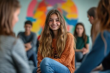 Fototapeta premium Smiling teen girl in an orange sweater sits in a circle with her peers. Ideal for illustrating youth groups, therapy, and support networks.