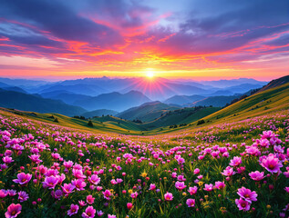 Fototapeta premium Majestic mountain landscape with pink wildflowers under a colorful sunset sky. Rolling hills and distant peaks create a peaceful nature background. Ai generative