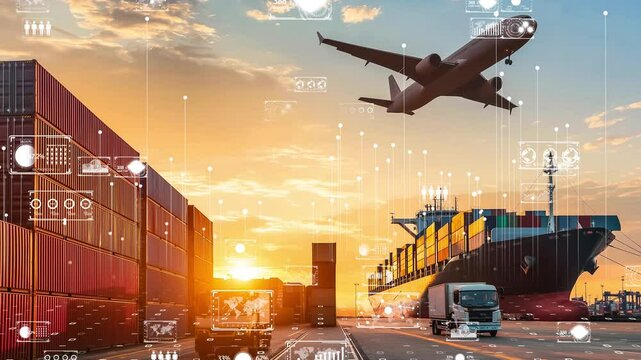 Advanced trade and freight system with air, land, and sea logistics connected through digital interface elements