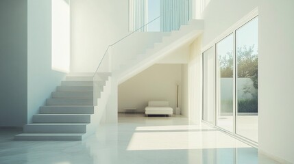 Obraz premium Elegant room in a modern house white walls staircase leading to a bright living room with glass doors clean and airy design. 