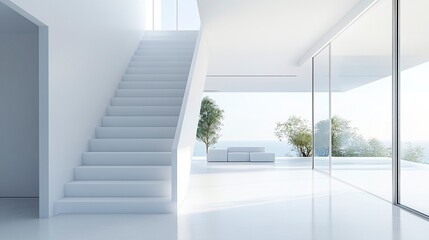Elegant room in a modern house white walls staircase leading to a bright living room with glass doors clean and airy design. 