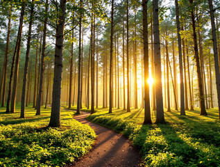 Sunlit forest path surrounded by tall trees, lush green foliage, and golden sunlight casting long shadows on the ground. Tranquil nature background. Ai generative