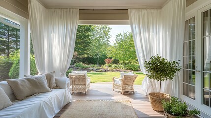 Fototapeta premium Elegant summer porch with white French doors flowing sheer curtains Cape Cod charm cozy outdoor living natural chic modern style. 
