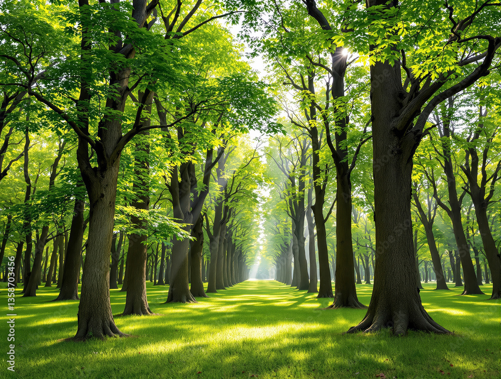 Poster a peaceful tree-lined pathway in a lush green forest with sunlight filtering through vibrant leaves,