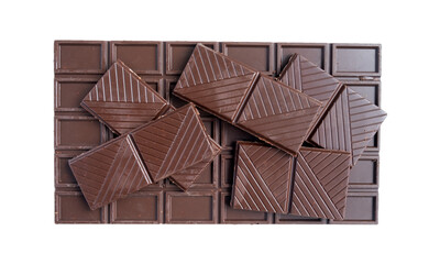 Dark chocolate bar with pieces. Isolated image on white background