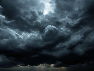 Dark storm clouds covering the sky with dramatic formations, illuminated by subtle rays of sunlight. Moody nature background, evoking stormy weather atmosphere. Ai generative