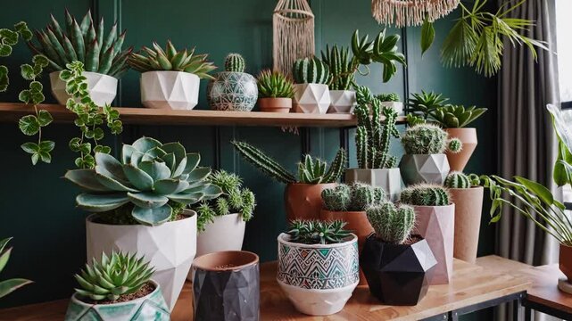 Variety of indoor potted plants on wooden shelves. Natural light from window highlights different leaf shapes. Concept of home gardening and green decor.