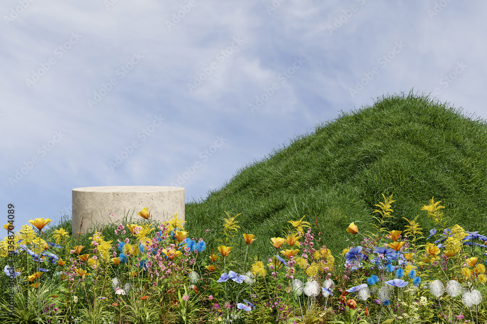 Poster 3d rendering spring stage and natural mockup background, stone podium on grass field and various col