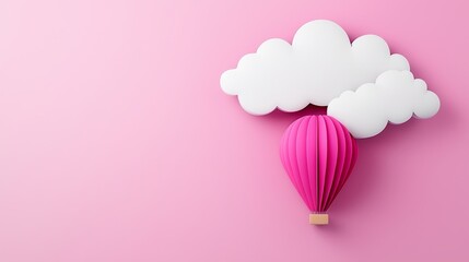 Pink Paper Hot Air Balloon And Clouds On A Pink Background