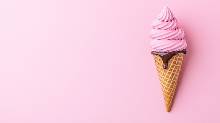 Pink Ice Cream in Waffle Cone with Chocolate Sauce on Pink Background