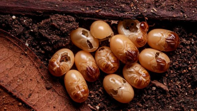 Close-up of unique, cracked cockroach eggs resting on earthy soil among dried leaves