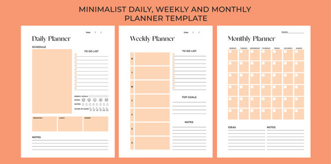 Minimalist planner pages templates. Organizer page, daily, weekly and monthly. Life planners, weekly and days organizers or office schedule list. Aesthetic graphic organization paper vector set