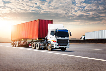 Semi Trailer Trucks Driving on High Way at The Sunset. Big Rig, Semi Truck Tractor. Shipping Cargo...