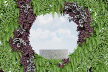 Abstact 3d render spring scene and Natural background, Stone podium on the Round arch window is decorated with various plants for product stand display, advertising, mockup or etc
