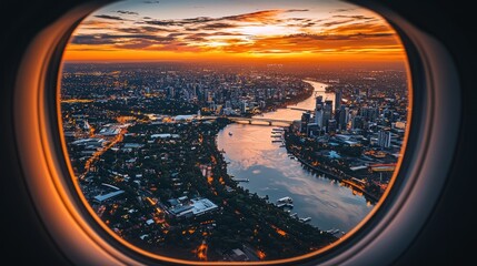 Fototapeta premium Airplane window view of city sunset over river
