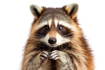 Fototapeta premium Portrait of a cute funny raccoon, closeup, isolated on a white background