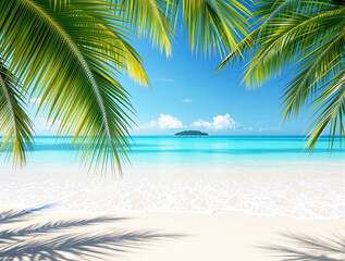 Exotic beach with turquoise water, white sand, and palm tree leaves in the foreground under a bright blue sky. Perfect nature background. Ai generative