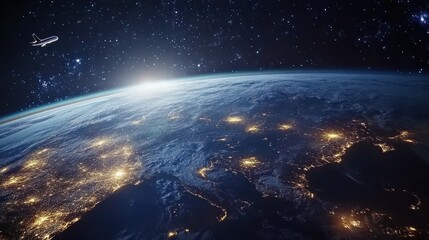 Fototapeta premium Earth view from space, city lights, airplane