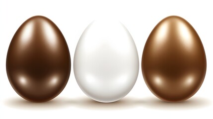 Three Glossy Eggs in Brown and White Colors Arranged on a White Background for Seasonal Decor