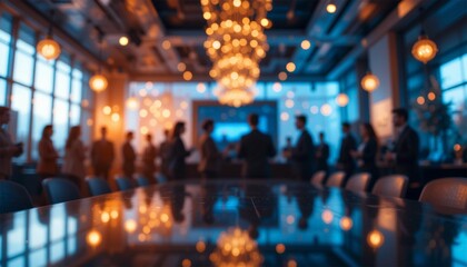 Obraz premium Blurred Elegant Corporate Event With Business People Gathering in a Modern Venue for a Conference Near a Large Table