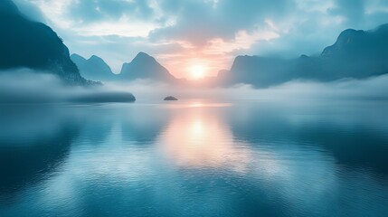 Misty Mountain Lake Sunrise: A Serene Landscape