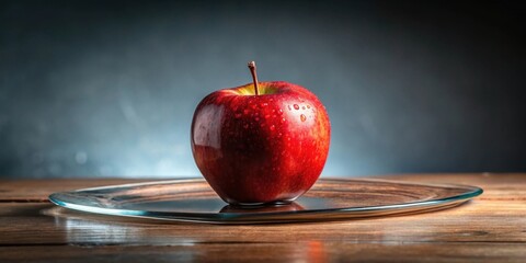 A glistening red apple, adorned with water droplets, rests on a polished glass platter, elegantly displayed on a rustic wooden surface against a softly blurred background.