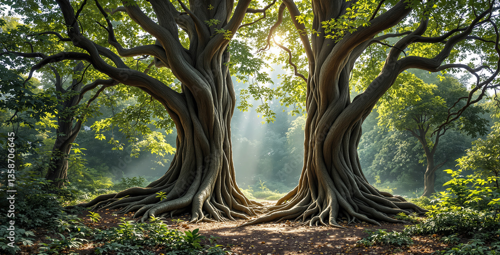 Poster two massive intertwined trees form a natural archway in a lush green forest with sunlight filtering 