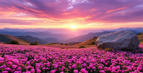 Obraz premium Stunning landscape of a vibrant pink flower field at sunset, with a large rock in the foreground and rolling mountains in the background. Ai generative