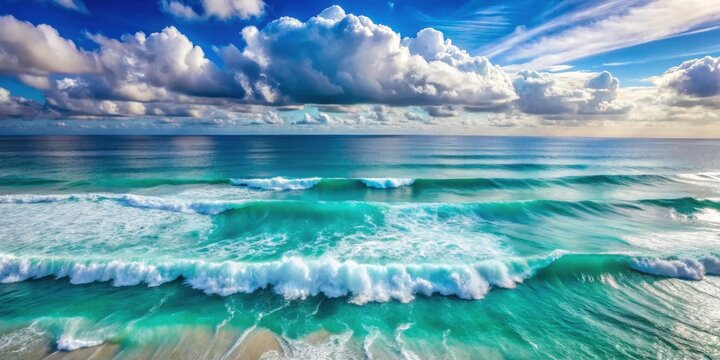 Ocean waves rolling in under a bright blue sky with puffy white clouds