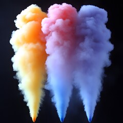 Colorful smoke plumes rise against black background