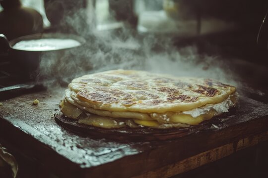 Steaming malawach stack on a wooden board, perfect for breakfast. Use it to illustrate Middle Eastern food or travel themes.
