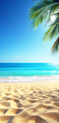 Serene tropical beach with golden sand dunes, turquoise ocean waves, and palm leaves under clear blue sky. Perfect summer nature background. Ai generative