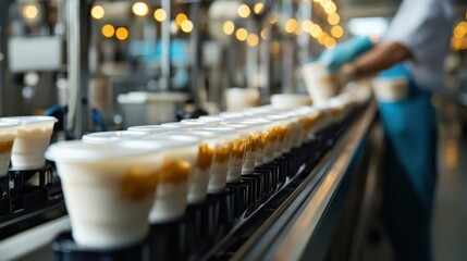 Naklejka premium Yogurts being processed on a conveyor belt in a modern food factory. Illustrates food production and quality control for a healthy lifestyle.