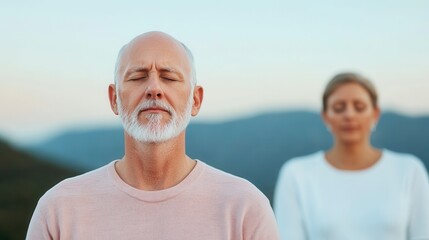 elderly man meditating peacefully in a quiet outdoor setting, eyes closed and relaxed posture, representing mental clarity and healthy aging