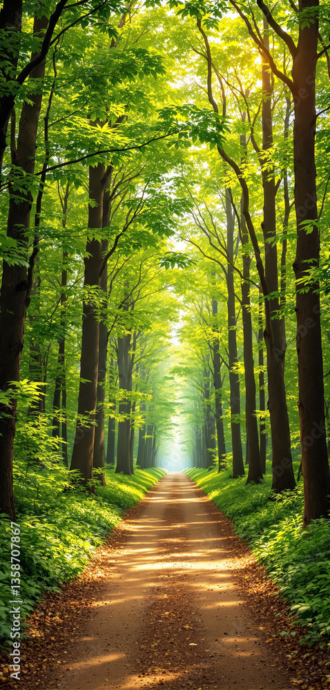 Poster tranquil dirt path through a green forest with tall trees and sunlight filtering through leaves. nat