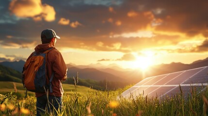 Fototapeta premium Adventurous hiker with backpack standing on a path overlooking a breathtaking sunset landscape with mountains fields and a warm golden sky Serene peaceful and outdoor adventure concept