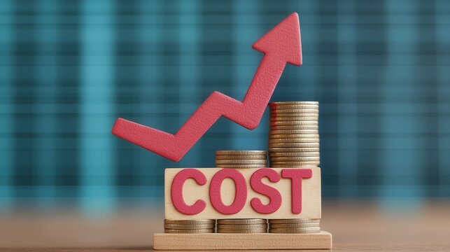 The increase in product prices, raw materials, and rental fees affects businesses and industries. Rising costs depicted with stacked coins and the word "COST".