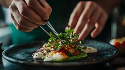 of hands carefully plating a gourmet dish with tweezers, adding delicate microgreens for garnish 