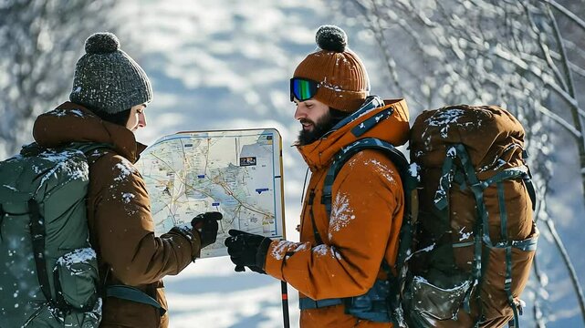Three adventurous skiers and snowboarders gather around a map, basking in the warm sunlight while planning their next run through a beautiful snowy landscape, surrounded by glistening snow.