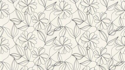 Fototapeta premium Seamless floral pattern with one line flowers. hand drawn illustration. trendy, minimalistic, linear style.