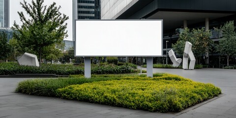 Empty outdoor advertising billboard on the grass in the park offers urban space for your marketing message