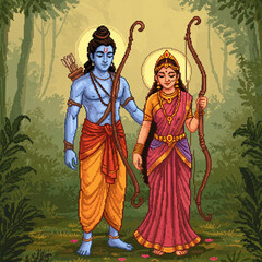 Sunlit Serenity: Rama and Sita in a Peaceful Forest Scene