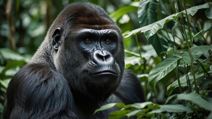 Obraz premium Close-up Portrait of a Majestic Gorilla in Lush Jungle Environment