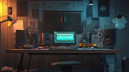Broadcasting workspace, premium studio microphone with pop filter, professional over-ear headphones, industrial studio aesthetic, precise technical equipment composition