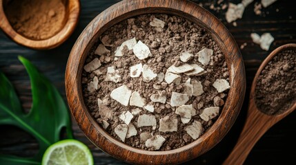 Wooden bowl with cocoa powder, large flakes, lime, spoon, and leaf on table. Showcasing organic cacao for food, skincare, or health-related creative projects.