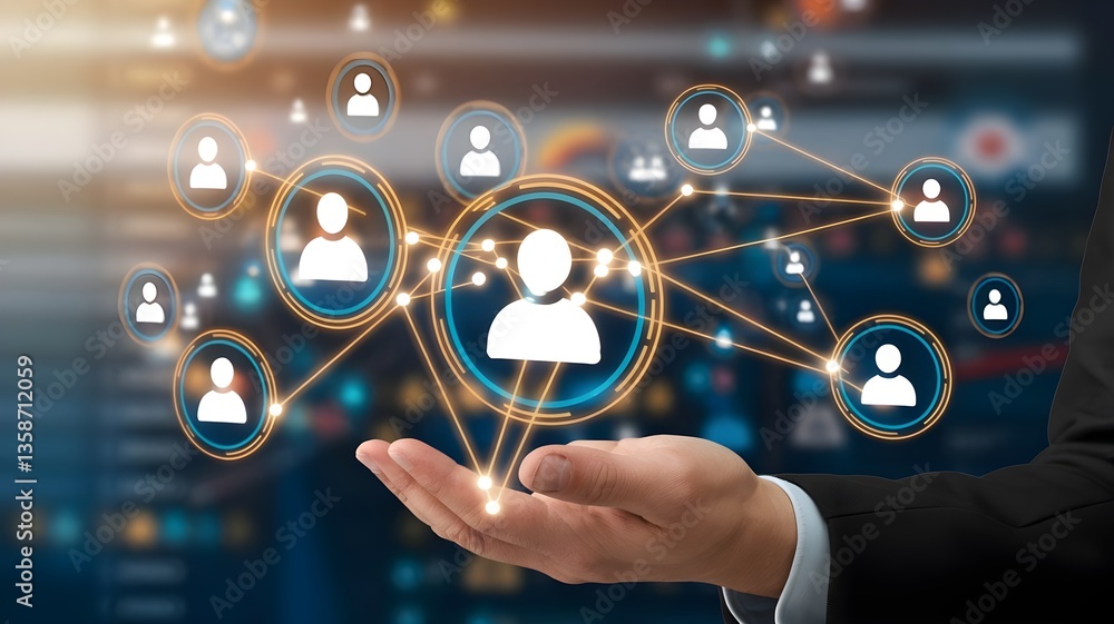 Poster human resources management and networking concept with hand holding social media connection icons