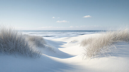 A wide-angle shot of serene snowy dunes, capturing the tranquility of a winter landscape. The soft, untouched snow symbolizes peace and solitude, offering a moment of reflection in nature's beauty.

