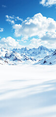 Obraz premium Majestic snow-covered mountain landscape under a bright blue sky with fluffy clouds. A peaceful winter nature scene perfect for phone wallpaper. Ai generative