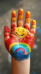 Child's Hand Painted with Smiling Sun and Rainbow